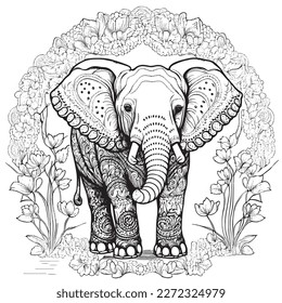 A majestic Elephant illustration in a stylish composition. Adult coloring book pages made freehand with doodle and Zentangle elements., Vector  illustration