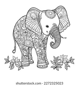 A majestic Elephant illustration in a stylish composition. Adult coloring book pages made freehand with doodle and Zentangle elements., Vector  illustration