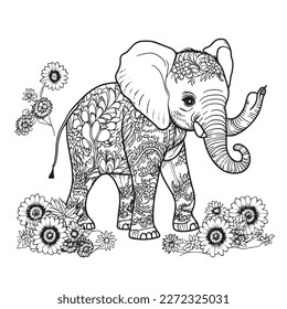 Una majestuosa ilustración elefante en una composición elegante. Páginas de libros de coloreo para adultos realizadas a mano libre con doodle y elementos Zentangle., Ilustración vectorial