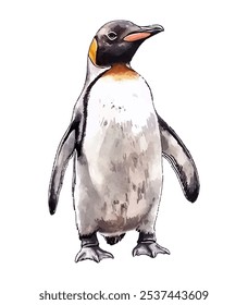 Majestätischer Kaiserpinguin, der sein unverwechselbares schwarzes, weißes und gelbes Gefieder zeigt. Perfekt für Designs zum Thema Natur, Lehrmaterial und Naturliebhaber.