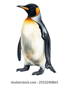 Majestätischer Kaiserpinguin, der sein unverwechselbares schwarzes, weißes und gelbes Gefieder zeigt. Perfekt für Designs zum Thema Natur, Lehrmaterial und Naturliebhaber.