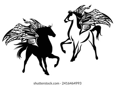 majestic fairy tale winged pegasus horse silhouette and outline - magic animal black and white vector design set