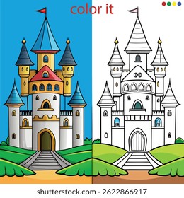 Majestic Fairytale Castle Coloring Page for Kids | Fantasy Castle on Hilltop in Black and White | Vector Line Art for Print