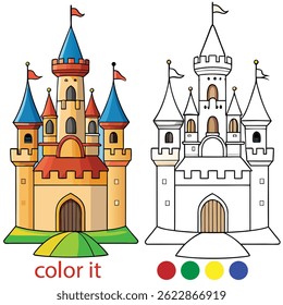 Majestic Fairytale Castle Coloring Page for Kids | Fantasy Castle on Hilltop in Black and White | Vector Line Art for Print