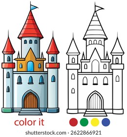 Majestic Fairytale Castle Coloring Page for Kids | Fantasy Castle on Hilltop in Black and White | Vector Line Art for Print