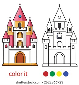 Majestic Fairytale Castle Coloring Page for Kids | Fantasy Castle on Hilltop in Black and White | Vector Line Art for Print