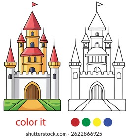Majestic Fairytale Castle Coloring Page for Kids | Fantasy Castle on Hilltop in Black and White | Vector Line Art for Print