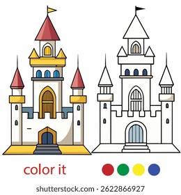 Majestic Fairytale Castle Coloring Page for Kids | Fantasy Castle on Hilltop in Black and White | Vector Line Art for Print