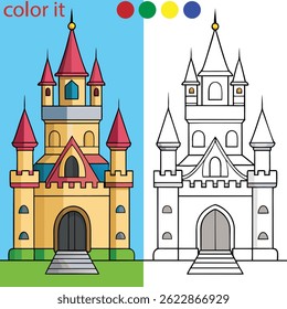 Majestic Fairytale Castle Coloring Page for Kids | Fantasy Castle on Hilltop in Black and White | Vector Line Art for Print