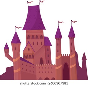 Majestic fairytale castle with purple roof and flags waving in the wind, showcasing towers, arches, and fortified walls, evoking a sense of wonder and enchantment