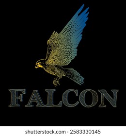 A majestic falcon in flight, blending green and blue hues against a dark background. The bird’s wings spread wide, showcasing intricate feather details. The word "FALCON" appears in bold, elegant typo