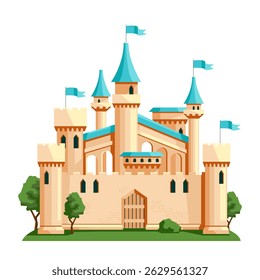 Majestic fantasy castle with blue rooftops and towers, flat graphic style, isolated on white background. Concept of fairy tale architecture. Vector illustration