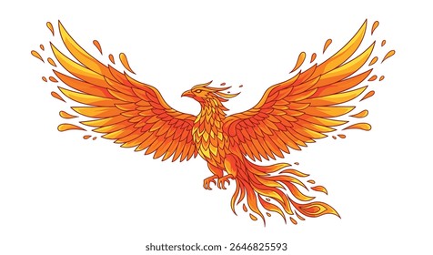 Majestic Fiery Phoenix Bird Symbol of Rebirth and Transformation Soaring Through the Sky with Vibrant Orange and Yellow Wings Extended