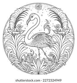 A majestic Flamingo illustration in a stylish composition. Adult coloring book pages made freehand with doodle and Zentangle elements., Vector  illustration