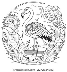 A majestic Flamingo illustration in a stylish composition. Adult coloring book pages made freehand with doodle and Zentangle elements., Vector  illustration