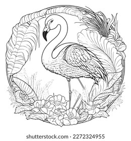 A majestic Flamingo illustration in a stylish composition. Adult coloring book pages made freehand with doodle and Zentangle elements., Vector  illustration