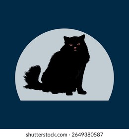 A majestic, fluffy black cat with striking red eyes sits calmly against a soft, light grey circular silhouette, reminiscent of a full moon.