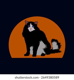 Um gato preto, majestoso e macio, com olhos vermelhos marcantes, senta-se calmamente contra uma silhueta circular, cinza-claro, reminiscente de uma lua cheia.