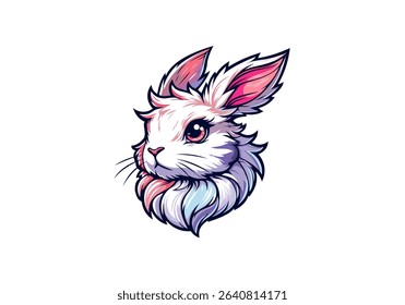 Majestic fluffy rabbit mascot with expressive eyes and detailed fur, illustrated in a soft and elegant vector style for branding or children themes.