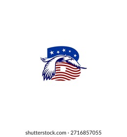 Logotipo majestuoso de la letra B del águila voladora con la forma del alfabeto en capas sobre un fondo de la bandera de los Estados Unidos, que simboliza el movimiento, la libertad y una poderosa marca patriótica en formato de Vector