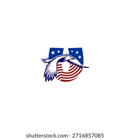 Majestic flying eagle letter U logo with alphabet form layered over a USA flag background, symbolizing motion, freedom, and powerful patriotic branding in vector format