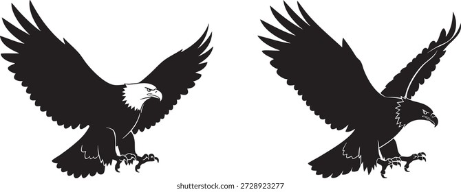 Majestic Flying Eagle Vector Illustration Set: Powerful Bird of Prey Silhouettes for Freedom and Nation