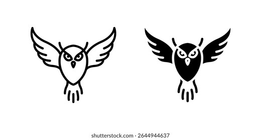 Majestic flying owl icon set viewed from the front, symbolizing wisdom, knowledge, and nocturnal animals. Ideal for education, nature, and mystery themes.