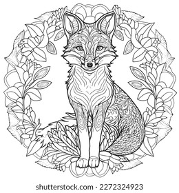 Una majestuosa ilustración de Fox en una composición elegante. Páginas de libros de coloreo para adultos realizadas a mano libre con doodle y elementos Zentangle., Ilustración vectorial