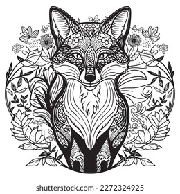 A majestic Fox illustration in a stylish composition. Adult coloring book pages made freehand with doodle and Zentangle elements., Vector  illustration