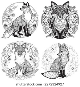 A majestic Fox illustration in a stylish composition. Adult coloring book pages made freehand with doodle and Zentangle elements., Vector  illustration