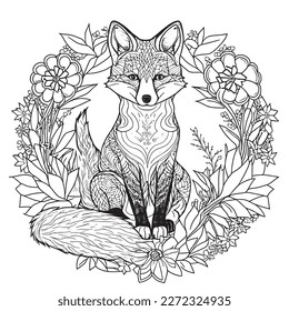 Una majestuosa ilustración de Fox en una composición elegante. Páginas de libros de coloreo para adultos realizadas a mano libre con doodle y elementos Zentangle., Ilustración vectorial