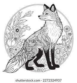 Una majestuosa ilustración de Fox en una composición elegante. Páginas de libros de coloreo para adultos realizadas a mano libre con doodle y elementos Zentangle., Ilustración vectorial