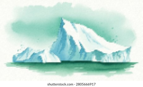 Majestic glacier block floating on calm ocean water. Chilly environment depiction with icy blue tones and soft watercolor artistic background effect.
