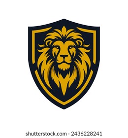 A majestic golden lion, its intense gaze framed within a bold black shield