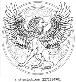 A majestic Griffin illustration in a stylish composition. Adult coloring book pages made freehand with doodle and Zentangle elements., Vector  illustration