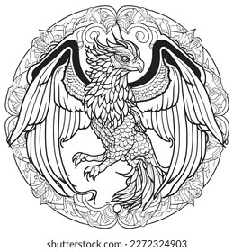 Una majestuosa ilustración de Griffin en una composición elegante. Páginas de libros de coloreo para adultos realizadas a mano libre con doodle y elementos Zentangle., Ilustración vectorial