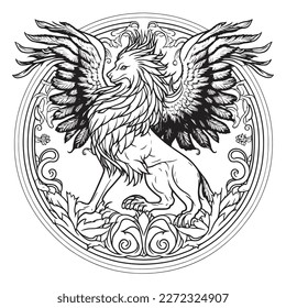 A majestic Griffin illustration in a stylish composition. Adult coloring book pages made freehand with doodle and Zentangle elements., Vector  illustration