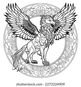 A majestic Griffin illustration in a stylish composition. Adult coloring book pages made freehand with doodle and Zentangle elements., Vector  illustration