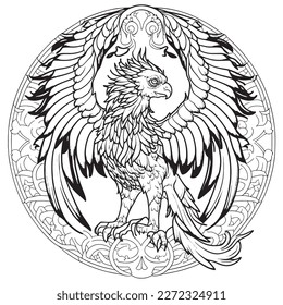 Una majestuosa ilustración de Griffin en una composición elegante. Páginas de libros de coloreo para adultos realizadas a mano libre con doodle y elementos Zentangle., Ilustración vectorial