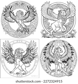 A majestic Griffin illustration in a stylish composition. Adult coloring book pages made freehand with doodle and Zentangle elements., Vector  illustration