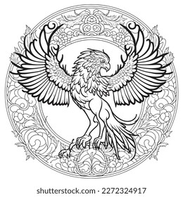 A majestic Griffin illustration in a stylish composition. Adult coloring book pages made freehand with doodle and Zentangle elements., Vector  illustration