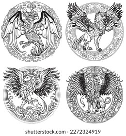 A majestic Griffin illustration in a stylish composition. Adult coloring book pages made freehand with doodle and Zentangle elements., Vector  illustration