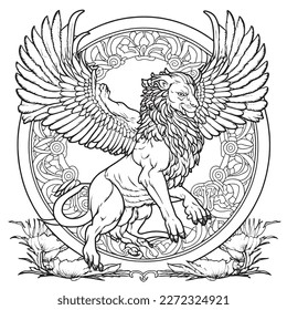 A majestic Griffin illustration in a stylish composition. Adult coloring book pages made freehand with doodle and Zentangle elements., Vector  illustration