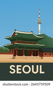 The majestic Gyeongbokgung Palace stands in the foreground, with the modern Seoul skyline rising in the background, blending the rich history of Korea with the contemporary energy of the city.