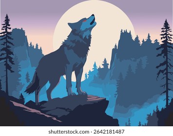 Majestic Howling Wolf Under Full Moon Fantasy Night Landscape Illustration