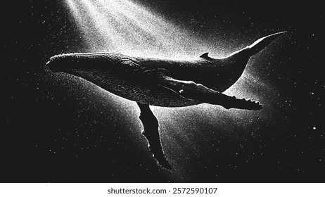 Majestic humpback whale floating gracefully in deep starry space ocean in contrast dreamlike black and white stippling style. Dotwork. Pointillism. Noisy grainy shading using dots. Vector background