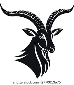 Majestic Ibex Head Vector Illustration - Stylized Wild Mountain Goat with Large Curved Horns