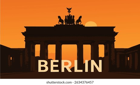 A majestic illustration of Berlin’s iconic Brandenburg Gate, bathed in the warm golden glow of a stunning sunset