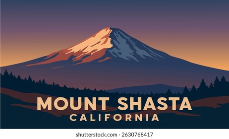 A majestic illustration of Mount Shasta with its snow-capped peak, illuminated by the soft light of dawn, framed by lush forests and serene landscapes