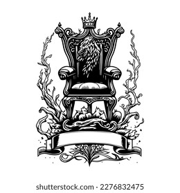 A majestic and intricate royal throne in black and white line art, Hand drawn with detail and precision, fit for a king or queen